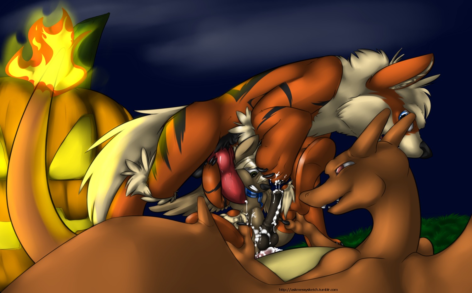 abdominal_bulge arcanine bodily_fluids canid canine charizard cum dragon duo e621 erection feral fire flaming_tail fur generation_1_pokemon genital_fluids genitals hi_res interspecies knot male male/male mammal markings membrane_(anatomy) membranous_wings messysketch mythological_creature mythological_scalie mythology nintendo orange_body orange_skin penis pokemon pokemon_(species) pose scalie servicing_from_below tail wings