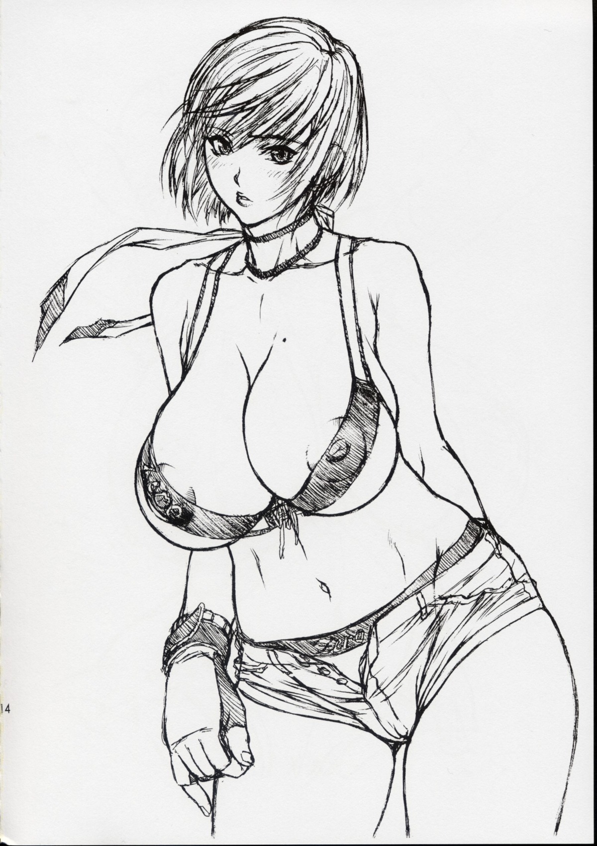 1girls areola breasts cleavage curvy female female_only fingerless_gloves gloves highres huge_breasts inoue_takuya midriff mole monochrome nipples panties puffy_nipples reiko_hinomoto rule34 rumble_roses scarf short_hair solo underwear