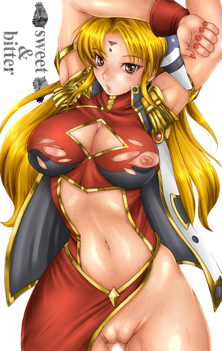 blonde_hair breasts censored female galaxy_angel highres large_breasts long_hair no_panties ranpha_franboise rule34 sakuradou sweat
