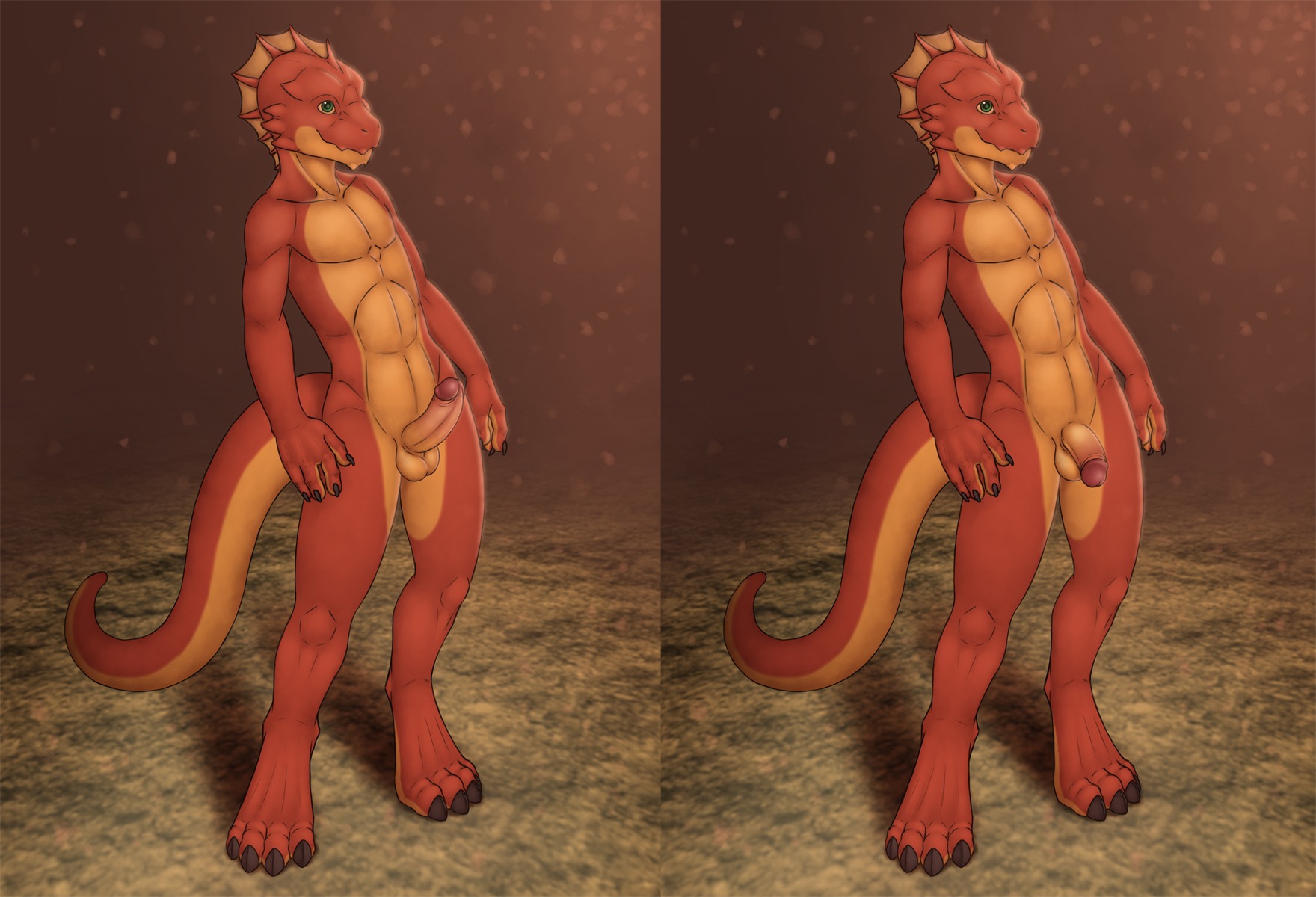 4_fingers 4_toes abs anthro bald balls barefoot biped chokodonkey claws conditional_dnp dragon e621 erection feet fin fingers genitals glistening green_eyes hi_res lizard male muscular muscular_anthro muscular_male mythological_creature mythological_scalie mythology nude orange_body orange_nose orange_skin pecs penis pink_body pink_penis pink_skin reptile scalie shadow solo standing tail toes