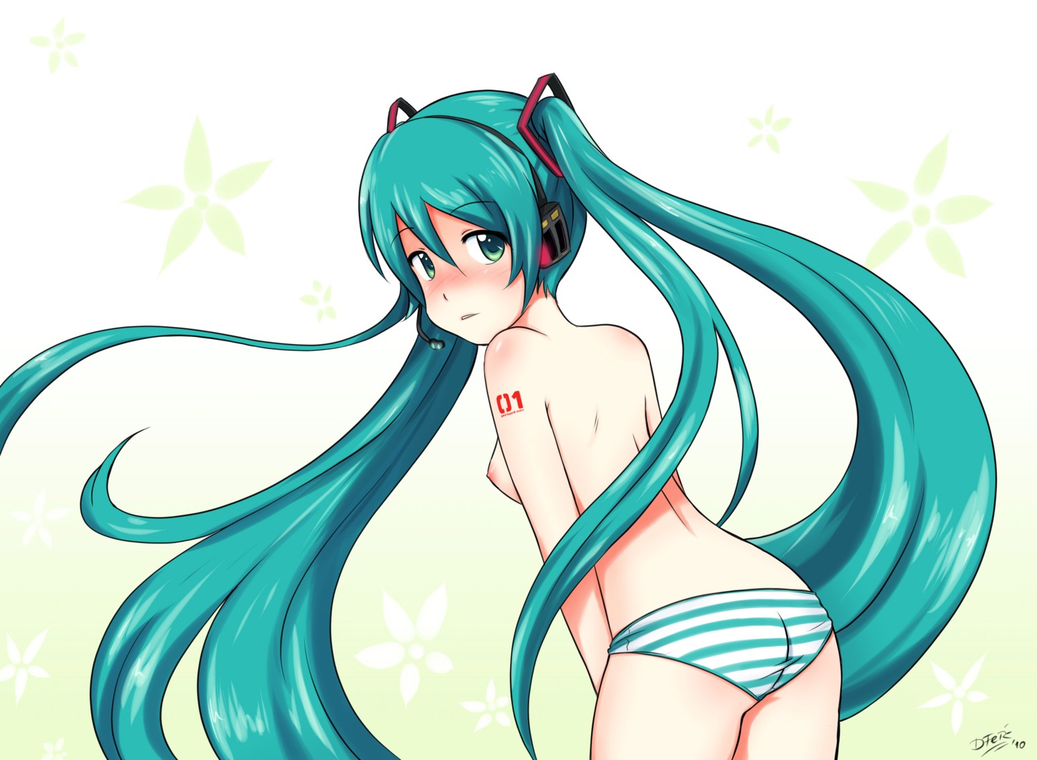 1girl 1girls 2d aqua_hair areolae arm_tattoo artist_request ass back bangs big_breasts blue_hair blush breasts color cowboy_shot eyebrows_visible_through_hair female female_only from_behind gradient_background green_background green_eyes hair hatsune_miku headphones headset light-skinned_female light_skin long_hair looking_at_viewer looking_back nipples panties partially_clothed red_tattoo rule34 simple_background small_breasts solo striped striped_panties tattoo teeth topless twintails underwear underwear_only very_long_hair vocaloid white_background