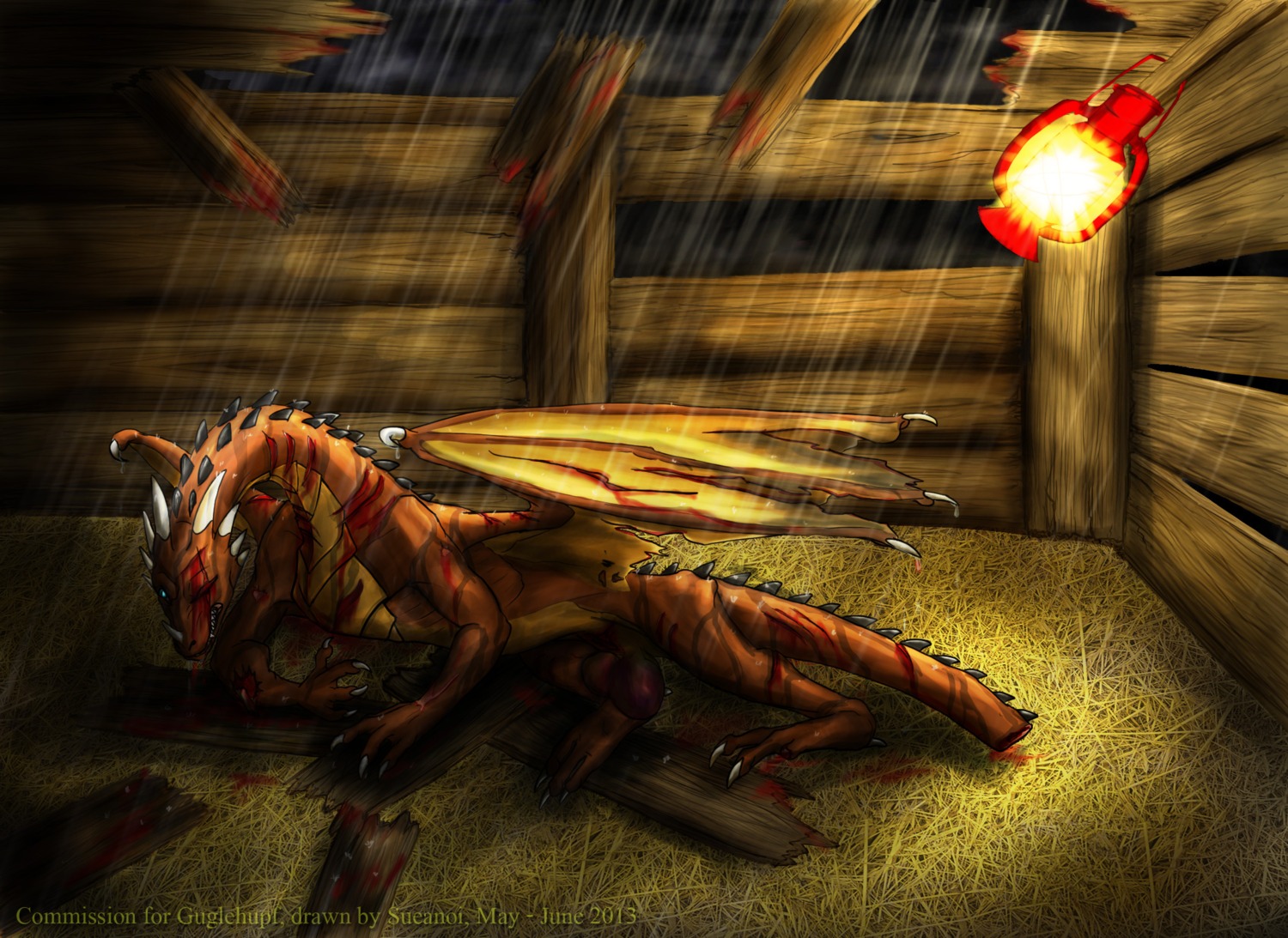 2013 balls barn blood bodily_fluids cock_and_ball_torture dragon e621 english_text genital_torture genitals hi_res horn male membrane_(anatomy) membranous_wings mythological_creature mythological_scalie mythology night nude pain raining scalie scar solo sueanoi tail text wings wounded