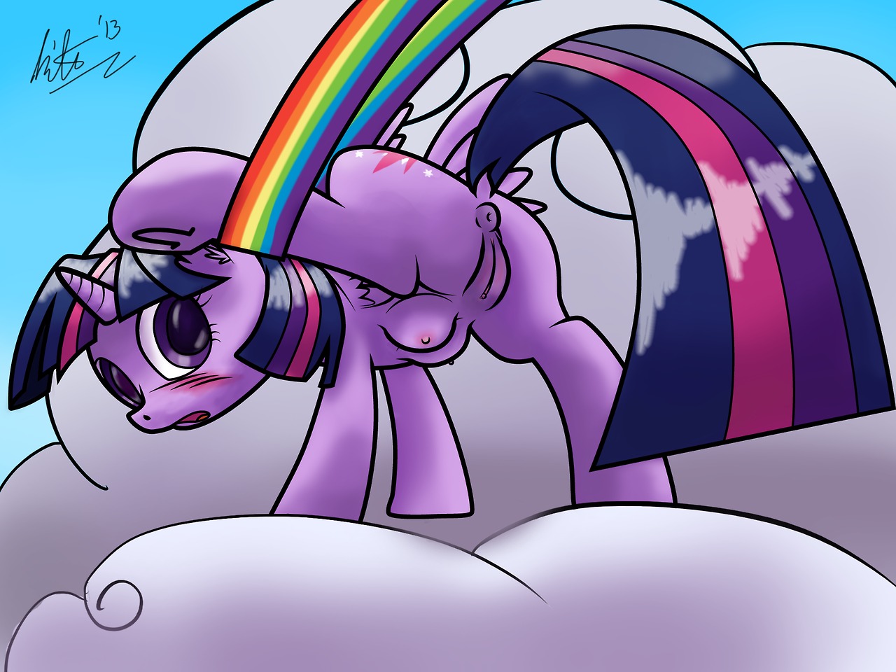 2013 4:3 anus blush butt cloud cutie_mark e621 equid equine feathered_wings feathers female feral friendship_is_magic fur genitals hair hasbro horn kitsuneymg mammal multicolored_hair my_little_pony mythological_creature mythological_equine mythology outside purple_body purple_eyes purple_feathers purple_fur purple_hair rainbow rainbow_arch raised_leg solo standing teats twilight_sparkle_(mlp) two_tone_hair vulva winged_unicorn wings