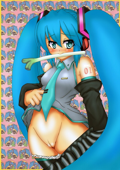 1girl aqua_eyes aqua_hair blue_hair blush censored clothes_lift detached_sleeves female hatsune_miku long_hair mosaic_censoring mouth_hold necktie panties panty_pull pussy rule34 skirt solo spring_onion striped tagme thighhighs twintails underwear very_long_hair vocaloid