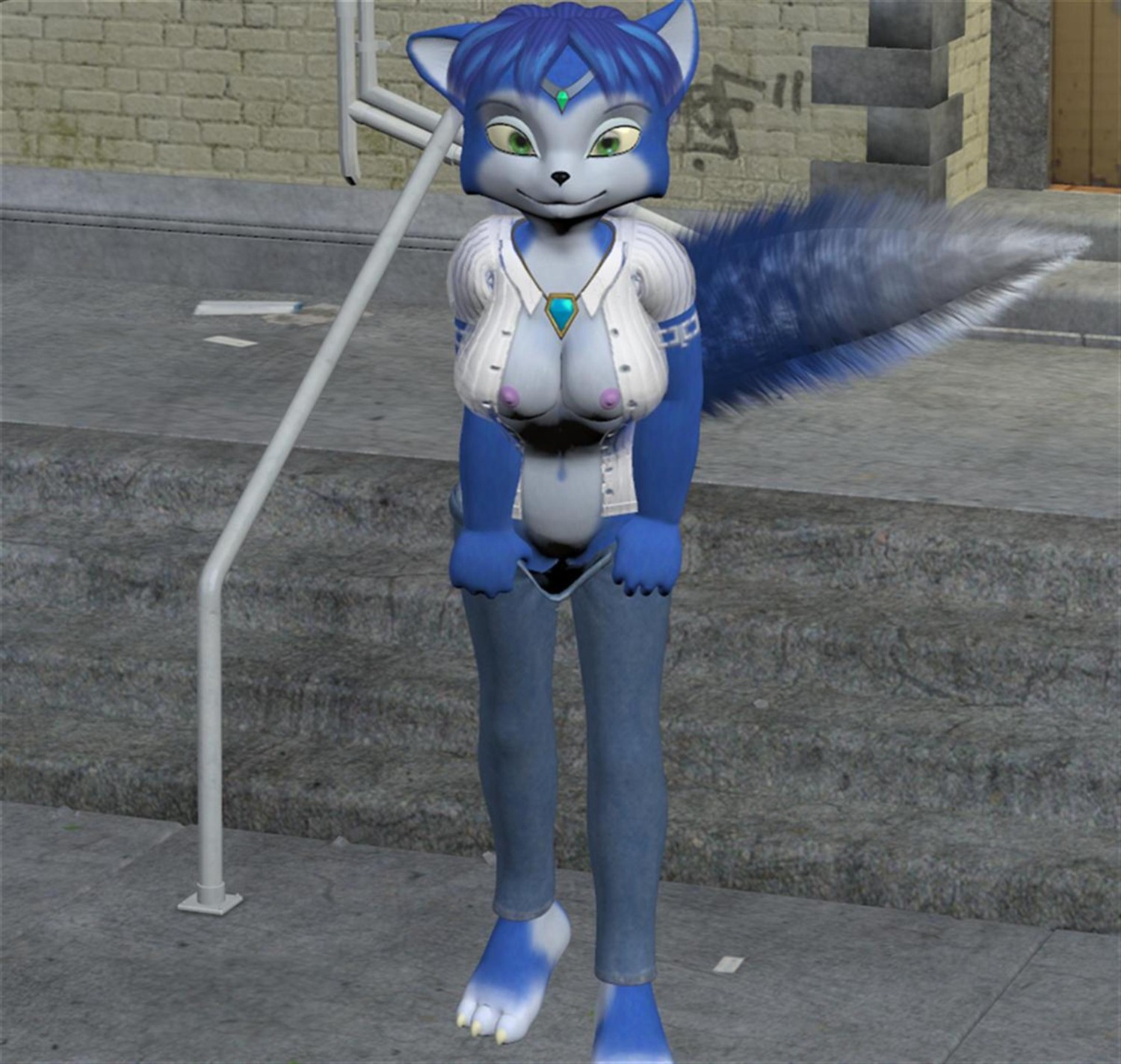 3_toes 3d anthro barefoot bindi black_nose blue_fur blue_hair breasts claws closed_mouth clothes color day female female_only fox front_view fur furry furry_breasts furry_ears furry_tail green_eyes hair jeans jewelry krystal krystal_(littledragon) looking_at_viewer necklace nipples open_clothes open_eyes outdoors pants pointy_ears purple_nipples rule34 short_hair solo standing star_fox tail white_fur