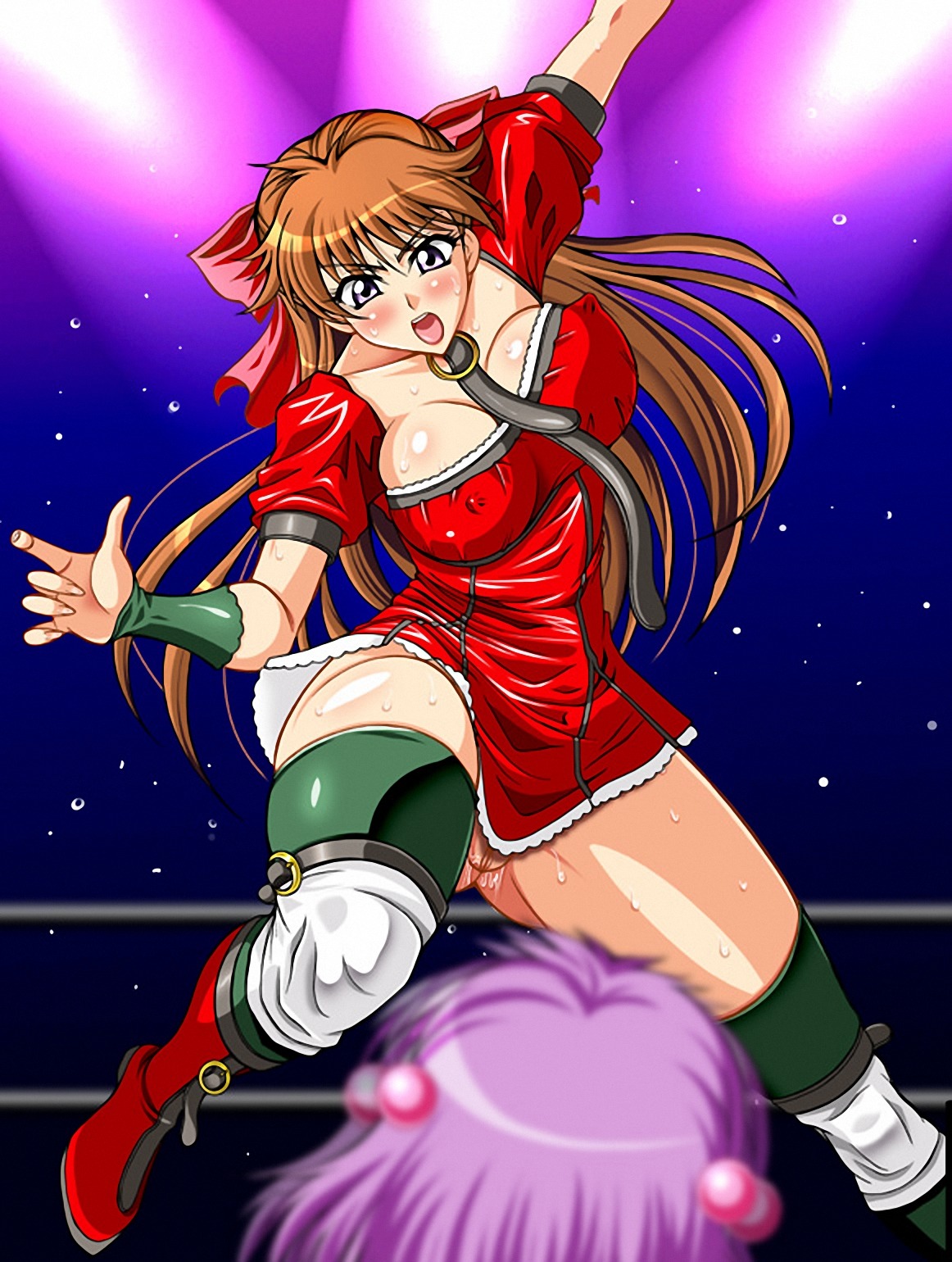 action blush bow breasts catfight clothing dress erect_nipples erect_nipples_under_clothes female highres jumping motion_blur mutou_megumi nipples no_panties pussy pussy_juice rule34 wrestle_angels wrestler yuuki_chigusa