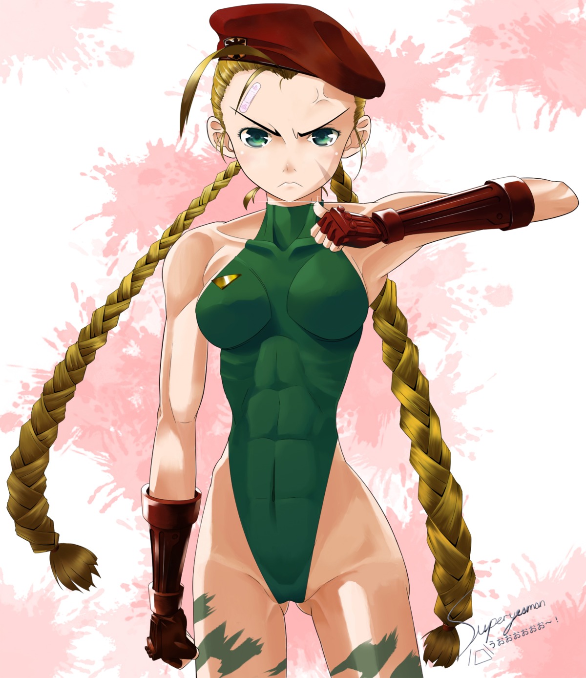 abs anger_vein angry antenna_hair ass ass_visible_through_thighs bandaid bare_shoulders beret blonde_hair blue_eyes braid cammy_white capcom elbow_gloves female female_only fingerless_gloves gloves hat highleg highleg_leotard highres human leotard long_hair muscles rule34 scar skin_tight solo street_fighter street_fighter_iv superyesman twin_braids