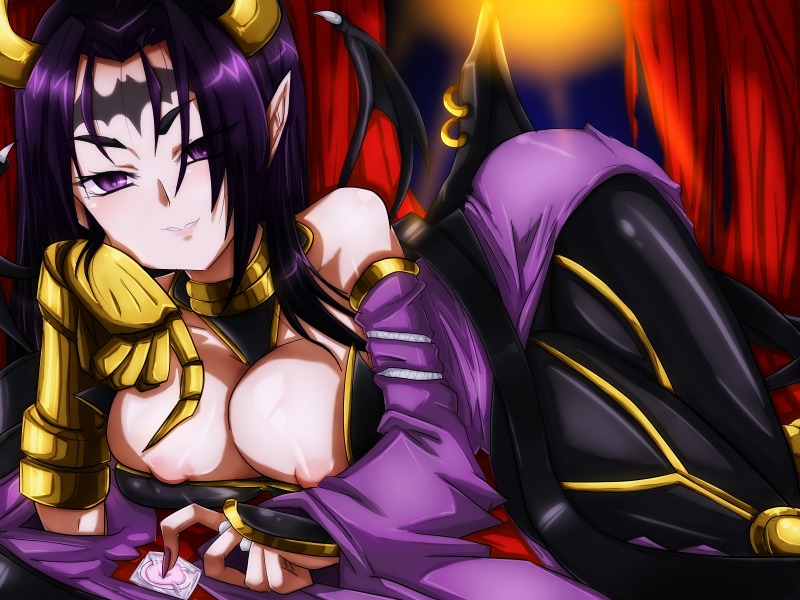 black_hair breasts cleavage come_hither condom demon digimon digimon_(species) female female_only horns lilithmon purple_eyes rule34 seductive seductive_smile seven_great_demon_lords solo succubus tagme wings