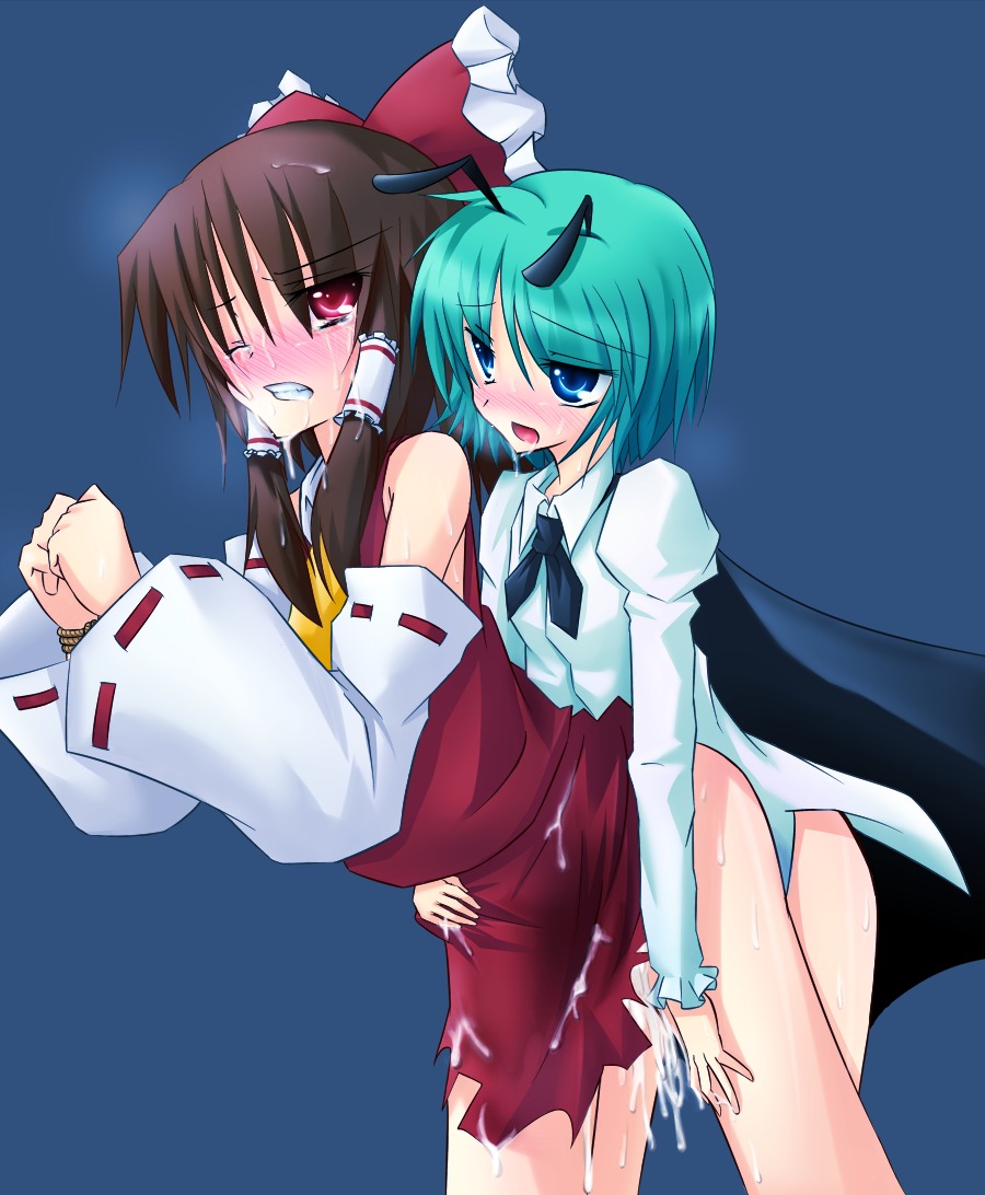 antennae blush bondage bound_wrists bow breasts brown_hair cape cum detached_sleeves facial female female_only femdom femsub green_eyes green_hair hairbow human lezdom multiple_females multiple_girls no_visible_genitalia open_mouth pussy pussy_juice red_eyes reimu_hakurei rope rule34 short_hair small_breasts tears torn_clothes touhou wriggle_nightbug yuri