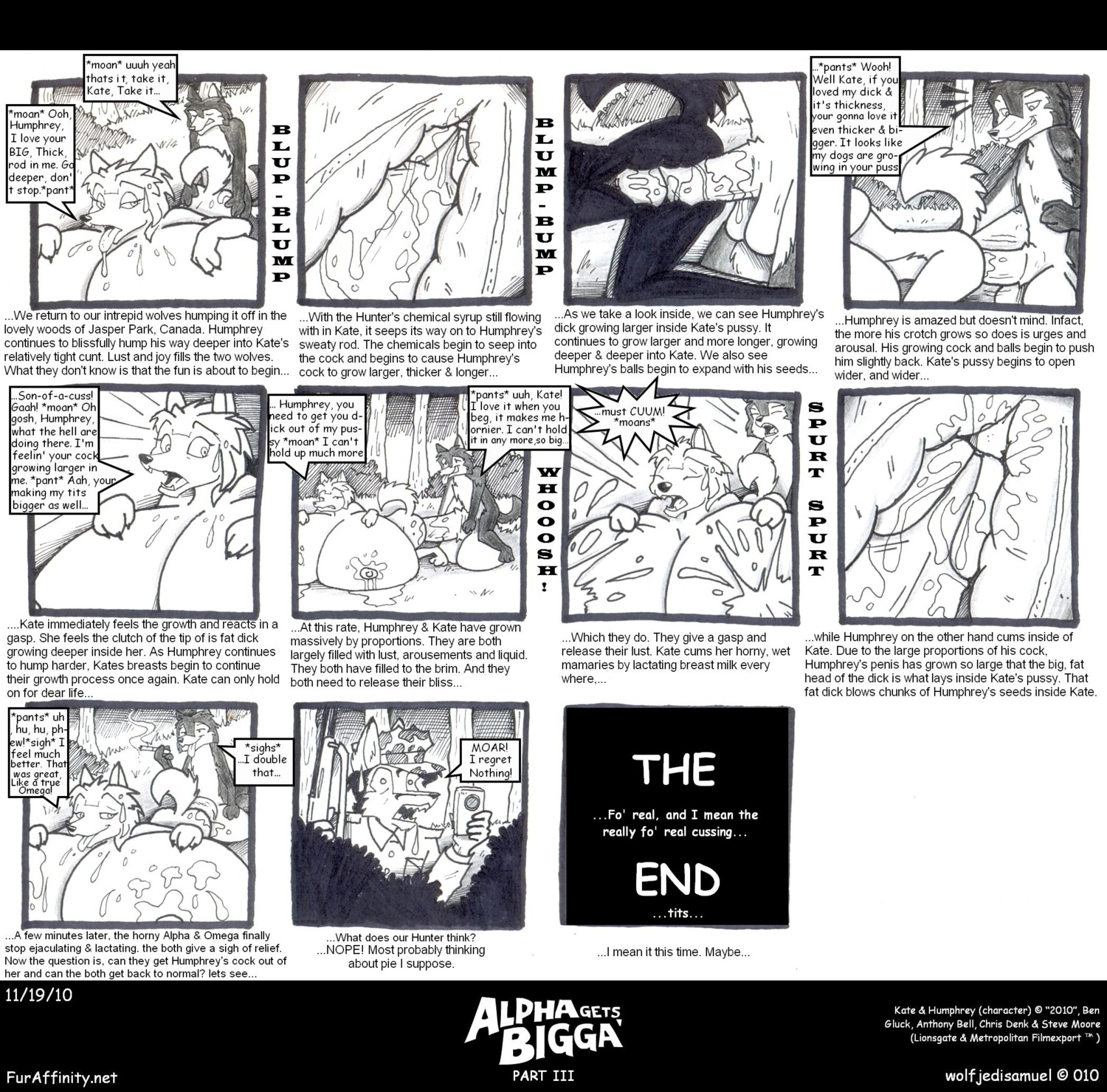 2010 alpha_and_omega anthro anthrofied black_and_white bodily_fluids breast_expansion breasts canid canine canis clothed clothing comic copyright_symbol cum duo e621 english_text erection expansion female genital_expansion genital_fluids genitals greyscale hi_res humanoid_genitalia humanoid_penis male male/female mammal monochrome nipples nude penis penis_expansion profanity sex symbol tail text url wolf wolf_j._samuel wolfjedisamuel