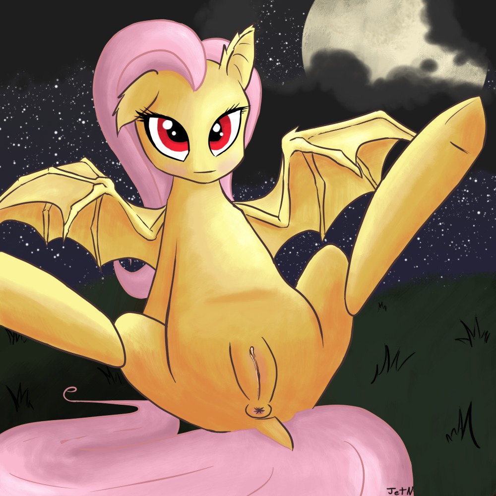 1:1 anus bat_pony blush butt detailed_background e621 equid equine female feral flutterbat_(mlp) fluttershy_(mlp) friendship_is_magic fur genitals grass hair hasbro horse hybrid jetn long_hair looking_at_viewer mammal membrane_(anatomy) membranous_wings moon my_little_pony outside pink_hair plant pony red_eyes sky small_wings solo star starry_sky third-party_edit vulva wings yellow_body yellow_fur