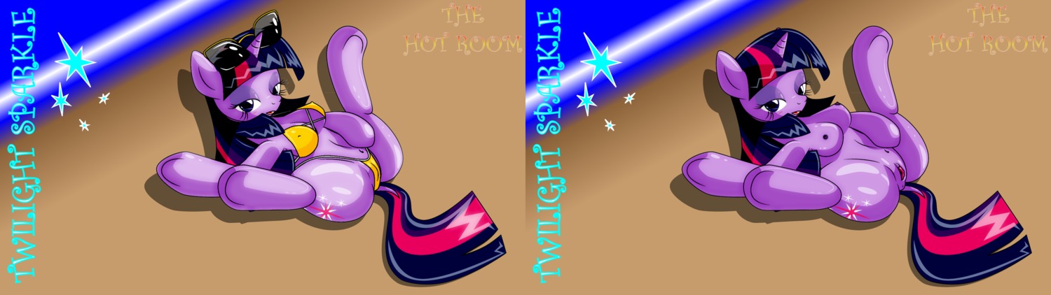 beach bikini biped breasts busty_feral camel_toe clothed clothing cutie_mark dekomaru e621 equid equine eyeshadow eyewear female feral friendship_is_magic fur genitals glasses hair half-closed_eyes hasbro hi_res hooves horn looking_at_viewer lying makeup mammal multicolored_hair my_little_pony mythological_creature mythological_equine mythology narrowed_eyes navel nipples nude off/on on_back outside pose purple_body purple_eyes purple_fur purple_hair sea seaside seductive semi-anthro skimpy solo spread_legs spreading star sunglasses swimwear text twilight_sparkle_(mlp) two-piece_swimsuit two_tone_hair unicorn vulva water
