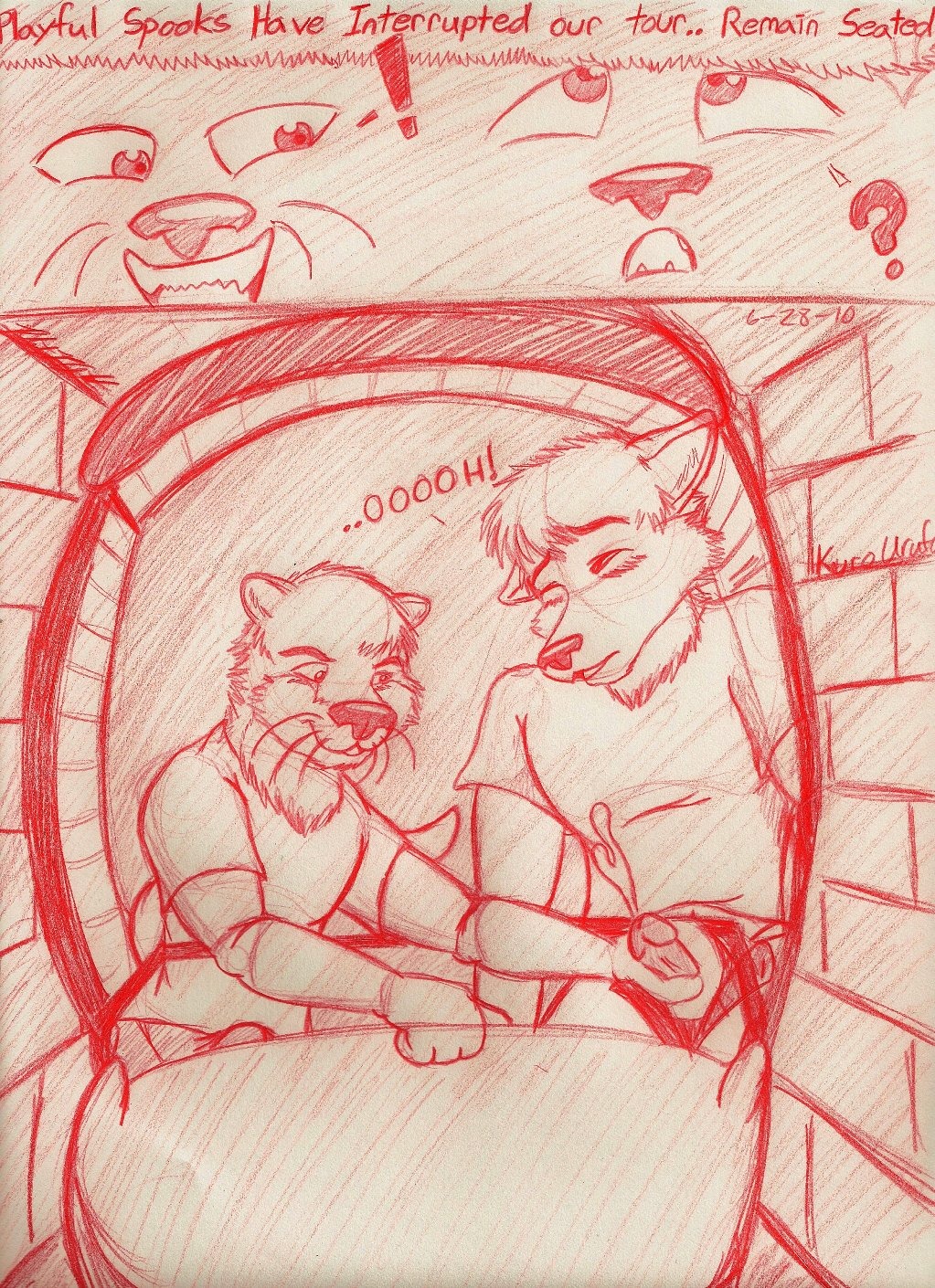 2010 amusement_park anthro blush bodily_fluids canid canine canis clothed clothing cum dated detailed_background disney disney_parks disneyland dpt710 duo e621 english_text erection erection_under_clothing exclamation_point genital_fluids genitals handjob handwritten_text hi_res humanoid_genitalia humanoid_penis inside male male/male mammal moan monochrome mustelid otter penile penis public public_sex question_mark red_and_white sex shirt signature sketch t-shirt tail text the_haunted_mansion topwear whiskers wolf