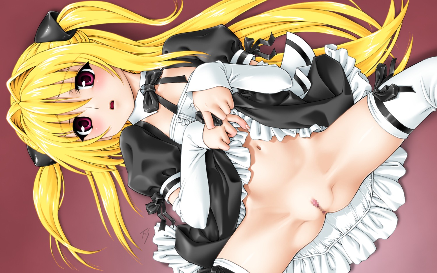 blush censored clothing female fuji_shinobu highres konjiki_no_yami long_hair navel pussy red_eyes rule34 spread_legs stockings thighhighs to_love-ru wallpaper young