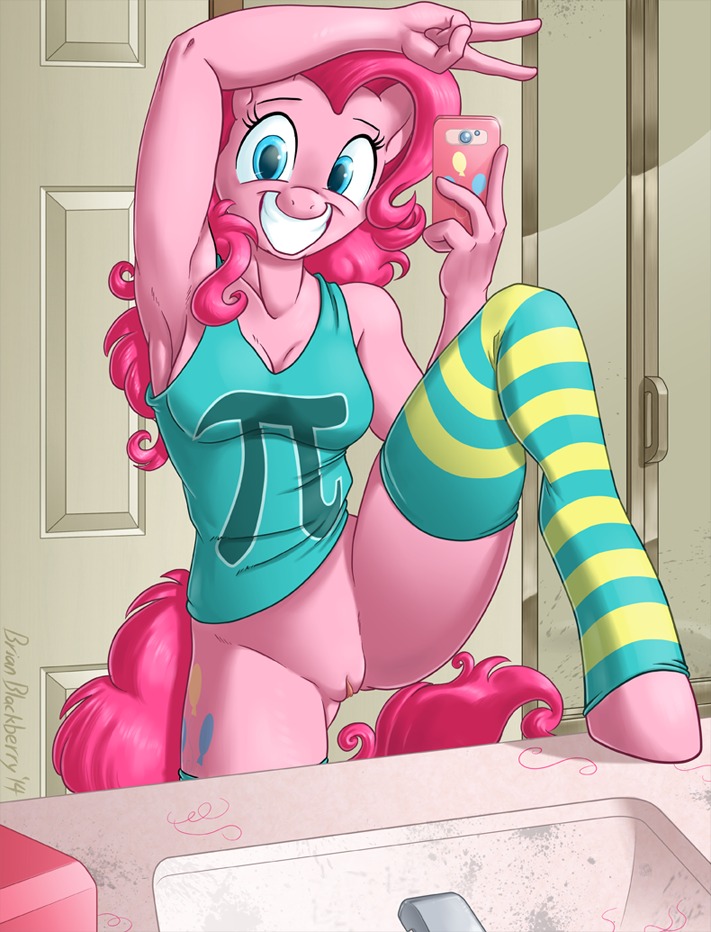 2014 anthro anthrofied blue_eyes bottomless bottomless_anthro bottomless_female breasts brian_mcpherson casual_exposure cellphone cleavage clothed clothing cutie_mark e621 earth_pony electronics equid equine equine_legs female friendship_is_magic fur genitals hair happy hasbro horse legwear mammal mirror mirror_selfie my_little_pony phone pi pink_body pink_fur pink_hair pinkie_pie_(mlp) pony pose selfie shirt smartphone smile solo stockings tank_top text text_on_clothing text_on_shirt text_on_tank_top text_on_topwear topwear vulva