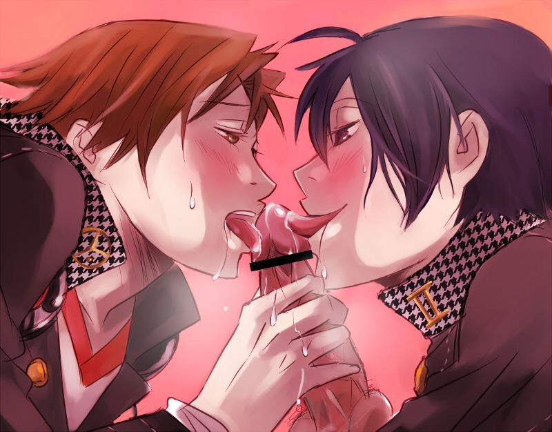 2boys blush blushing brown_eyes censored cum cum_drip hanamura_yousuke ichijo_kou licking licking_penis male megami_tensei multiple_boys multiple_males narukami_yu oral penis persona persona_4 pink_background rule34 seta_souji solid_color_background sweat sweatdrop tongue tongue_out yaoi