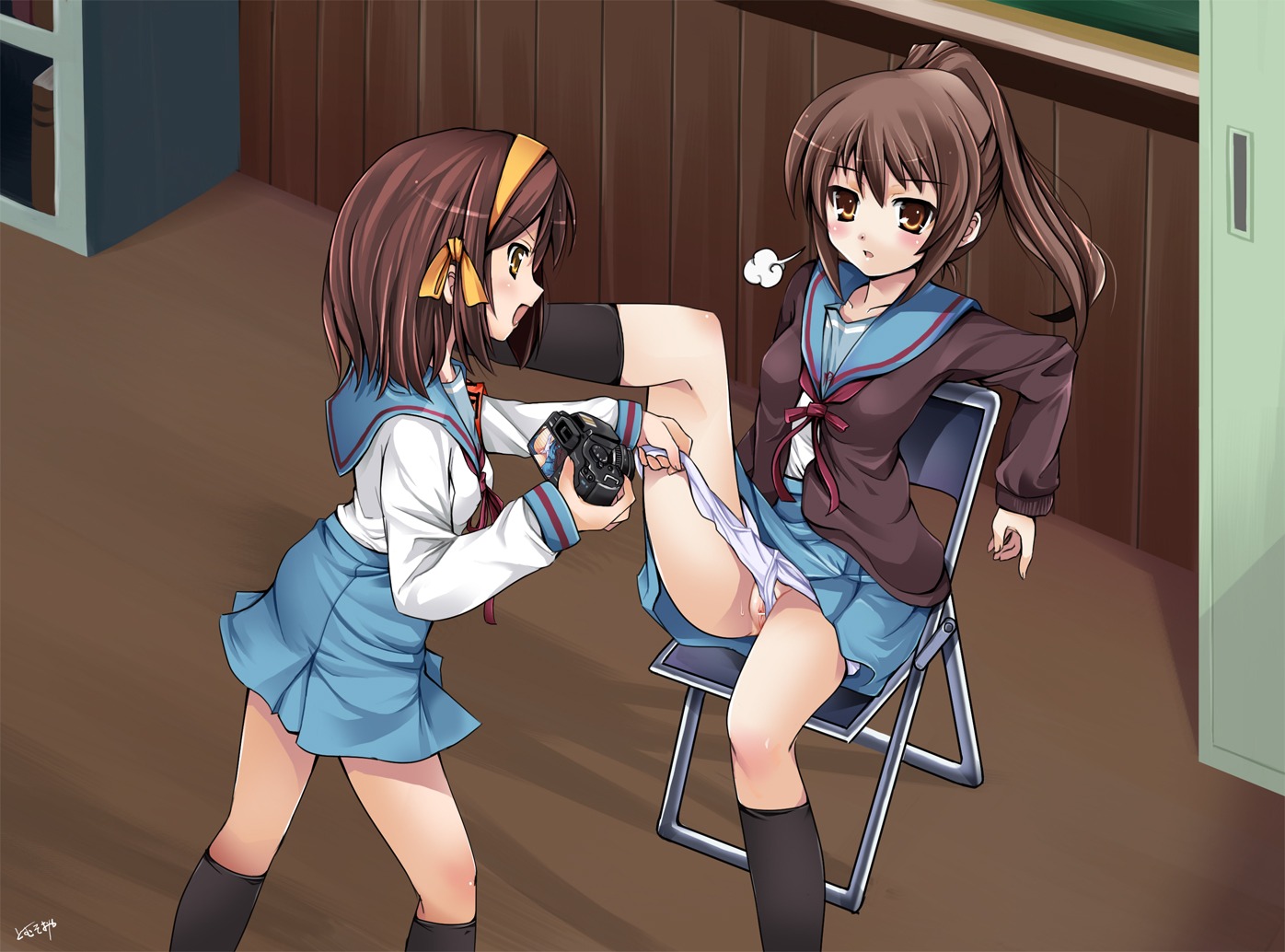 bar_censor breasts brown_hair camera cardigan censored clothing female female_only hairband human kyon kyonko multiple_females multiple_girls panties panty_pull pointless_censoring ponytail pussy rule34 rule_63 school_uniform serafuku sigh sitting skirt small_breasts suzumiya_haruhi suzumiya_haruhi_no_yuuutsu tied_hair tomusooya underwear yuri