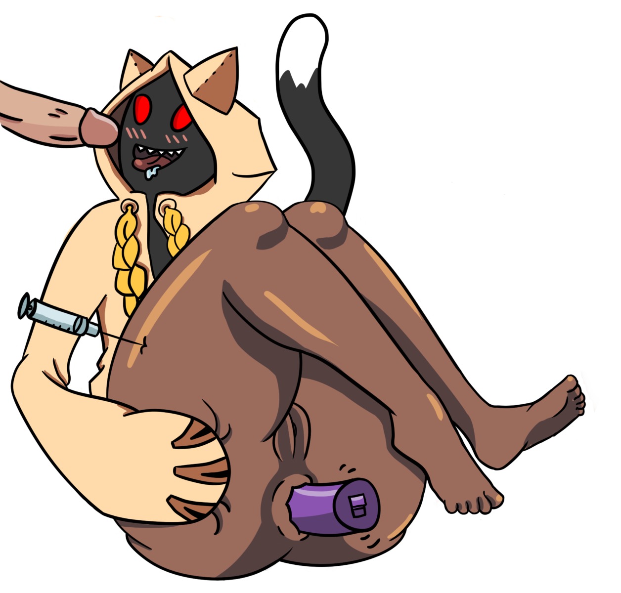 anal anal_penetration animal_humanoid arc_system_works blazblue blonde_hair blush braided_hair braided_pigtails brown_body brown_skin cat_humanoid duo e621 feet felid felid_humanoid feline feline_humanoid female genitals hair hi_res hindpaw humanoid kaka_(blazblue) male mammal mammal_humanoid paws penetration pigtails red_eyes sex_toy shadow_face sharp_teeth syringe taokaka teeth thick_thighs unknown_artist vibrator vulva