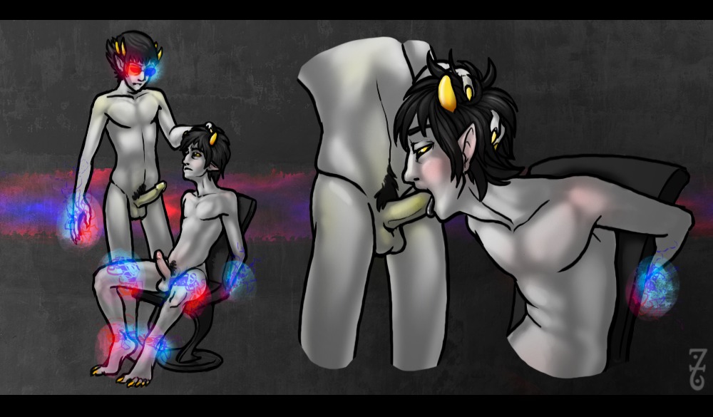 2boys artist_request artist_signature black_hair dubious_consent fellatio forced gay glasses grey_skin homestuck horns karkat_vantas male male_only ms_paint_adventures naked open_eyes oral penis pointy_ears psionic_bondage psionics psychic pubic_hair restrained rule34 short_hair sollux_captor source_request troll yellow_eyes yellow_nails