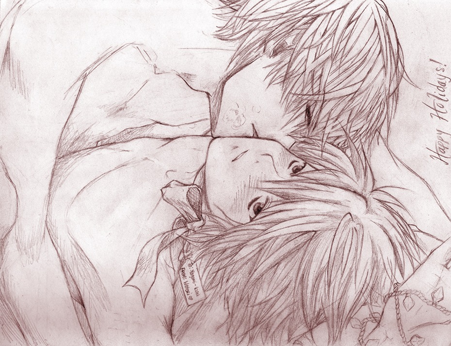 arms_tied artist_request bed bl blush death_note dominant dominant_male domination gay gay_domination gay_sex hand_on_head hands_behind_head hands_pinned holding_down holding_hands kissing kissing_cheek kissing_neck l_lawliet light_yagami lustful_gaze male male/male male_only male_penetrated male_penetrating_male pinned_to_bed power_top rule34 sensitive_pornograph submissive submissive_bottom submissive_male tagme yaoi