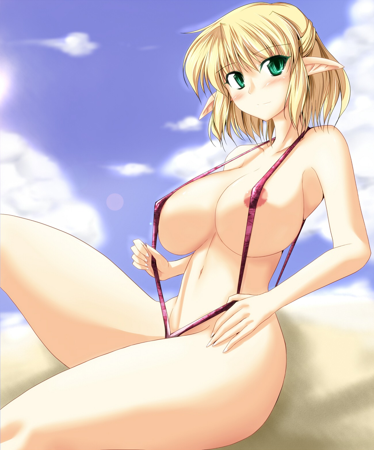 areola_slip areolae beach beige_skin blonde_hair blush breasts closed_mouth color day elf female female_only green_eyes hair highres huge_breasts mizuhashi_parsee open_eyes outdoors pointy_ears rule34 short_hair sitting sky sling_bikini solo suteru_(stiel) swimsuit touhou