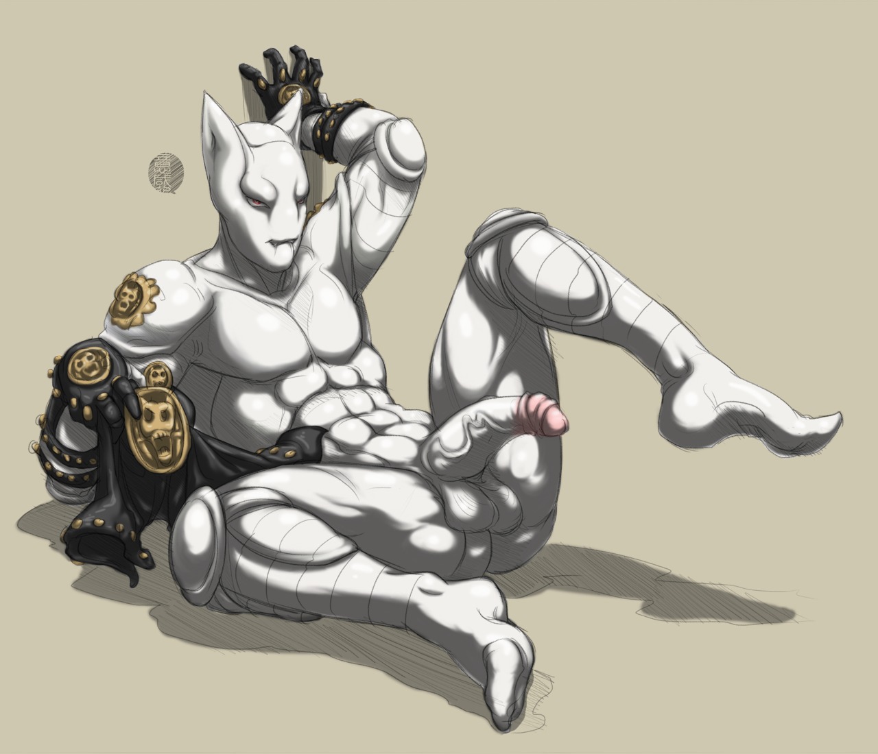 abs anthro anus balls belt biped butt clothing diamond_is_unbreakable e621 erection feet felid foreskin fydbac gear genitals gloves handwear hindpaw humanoid_genitalia humanoid_penis jojo's_bizarre_adventure killer_queen_(jjba) looking_at_viewer male mammal muscular muscular_anthro muscular_male partially_retracted_foreskin paws penis sketch solo stand_(jjba) standing undressing vein veiny_penis yellowpower