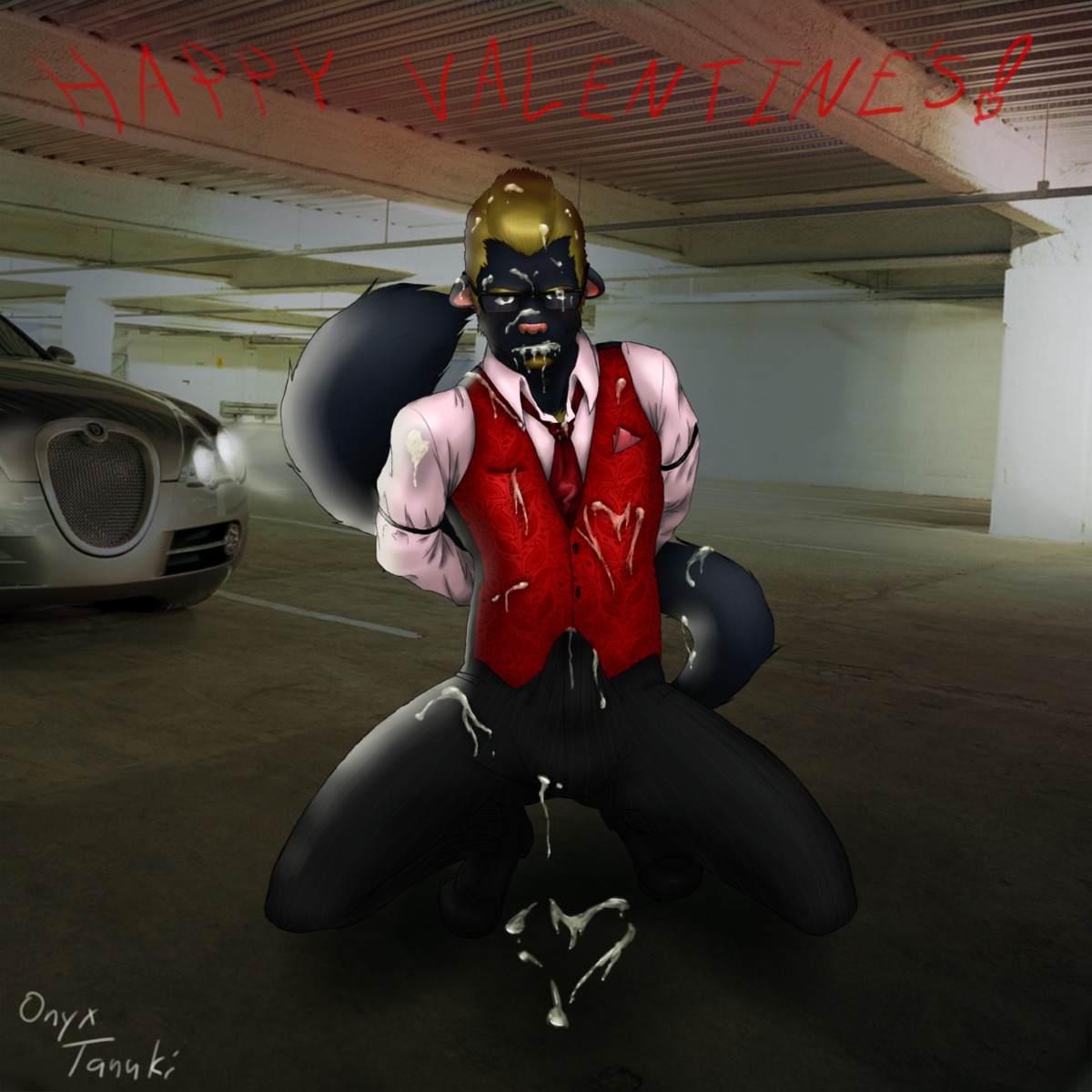 1:1 2011 accessory anthro bdsm biped blonde_hair blue_eyes bodily_fluids bondage bound bulge canid canine car clothed clothing cum cum_covered cum_in_clothing cum_in_mouth cum_in_pants cum_inside cum_on_clothing cum_through_clothing cum_through_pants e621 erection erection_under_clothing excessive_cum excessive_genital_fluids eyewear facial_hair fur genital_fluids genitals glasses goatee hair hi_res kneeling looking_at_viewer male mammal messy necktie onyx_wasson onyxtanuki_(artist) parking_lot penis pink_nose raccoon_dog solo submissive submissive_male suit tail tanuki tenting topwear vehicle vest wet wet_clothing