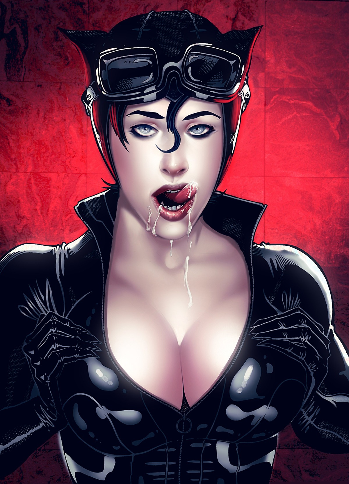 1girls batman_(series) black_hair blue_eyes bodysuit breast_fondling breast_grab breast_squeeze breasts busty cat_ears catsuit catwoman cleavage color cum cum_on_face cum_on_tongue dc dc_comics el_diablero eyeshadow female female_only goggles licking_lips lipstick makeup pale_skin rule34 selina_kyle shiny_suit solo straight_hair tongue voluptuous zipper_pull_tab