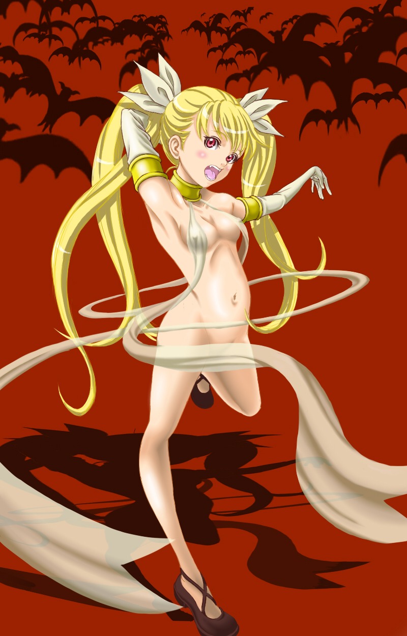 convenient_censoring dance_in_the_vampire_bund elbow_gloves fangs female gloves long_hair mina_tepes navel on_one_foot open_mouth red_background red_eyes rule34 sash simple_background solo tied_hair twintails vampire white_gloves