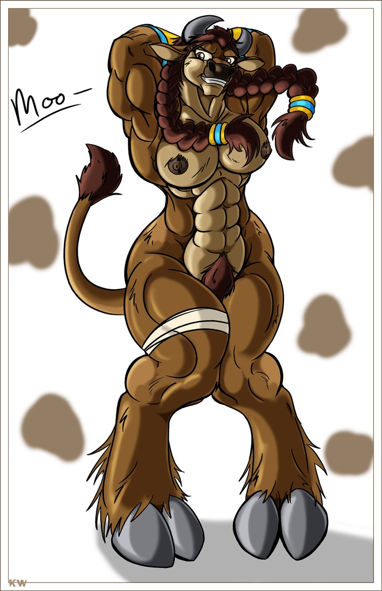 abs anthro biceps black-rat blizzard_entertainment bovid bovine breasts brown_hair brown_nipples e621 english_text female hair hi_res hooves horn mammal muscular muscular_anthro muscular_female nipples pubes solo tail tauren text warcraft