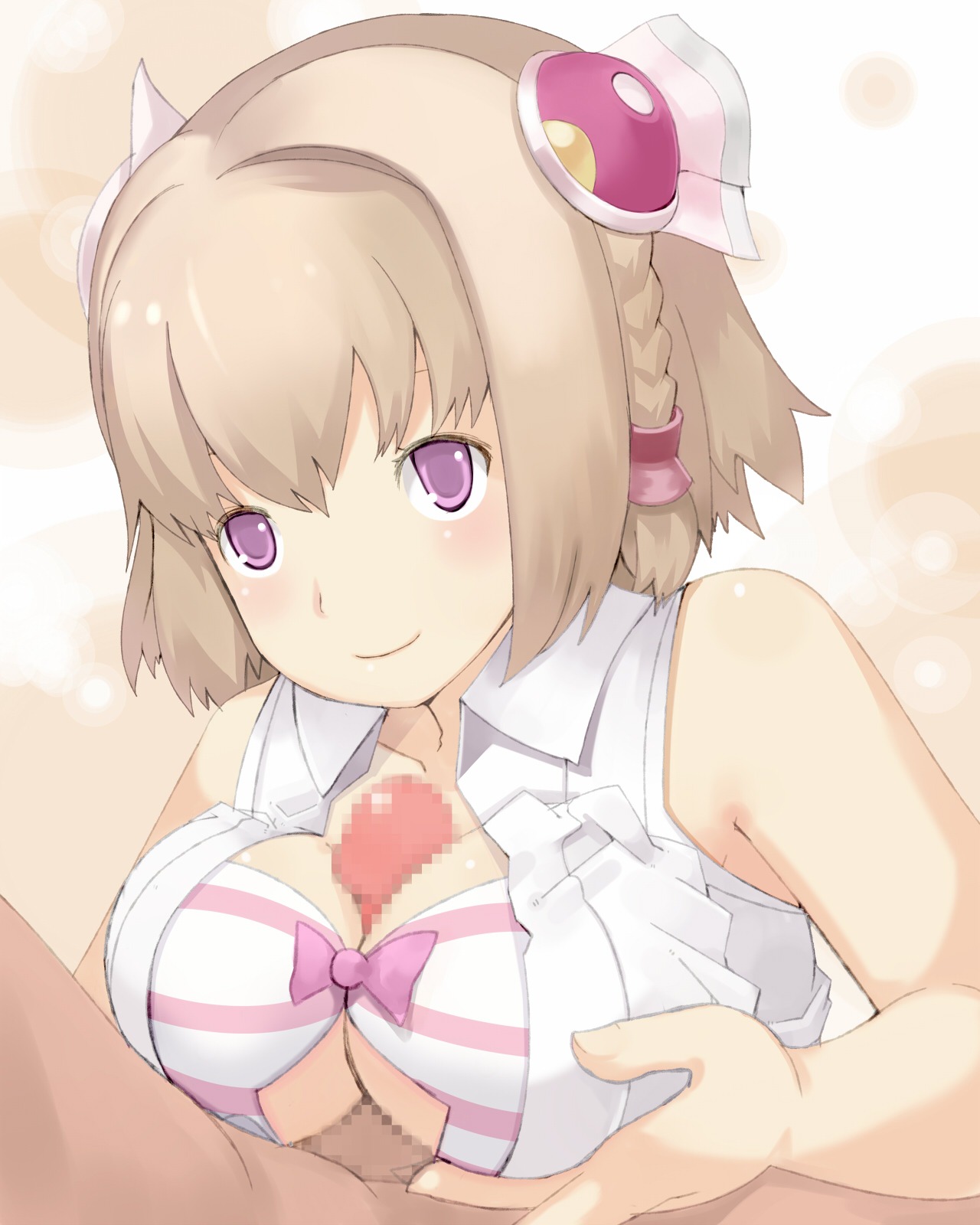 1boy 1girls ar_tonelico ar_tonelico_iii bra breasts censored cleavage clothing female highres large_breasts male paizuri paizuri_under_clothes penis rule34 saki_(ar_tonelico) short_hair smile titfuck underwear