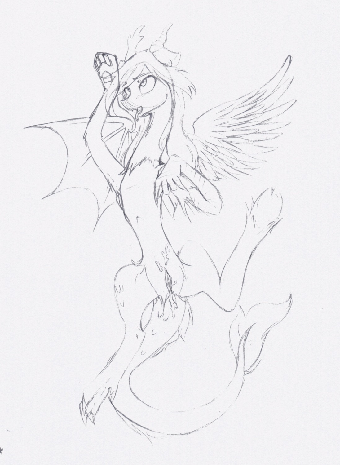 2012 absurd_res after_sex antlers blush bodily_fluids chimera crossgender cum cum_in_vagina cum_inside discord_(mlp) draconequus e621 feathered_wings feathers female friendship_is_magic fucked_silly genital_fluids genitals hair hasbro hi_res horn makosushi membrane_(anatomy) membranous_wings mismatched_wings monochrome mtf_crossgender my_little_pony pencil_(object) solo tail teeth vulva wings
