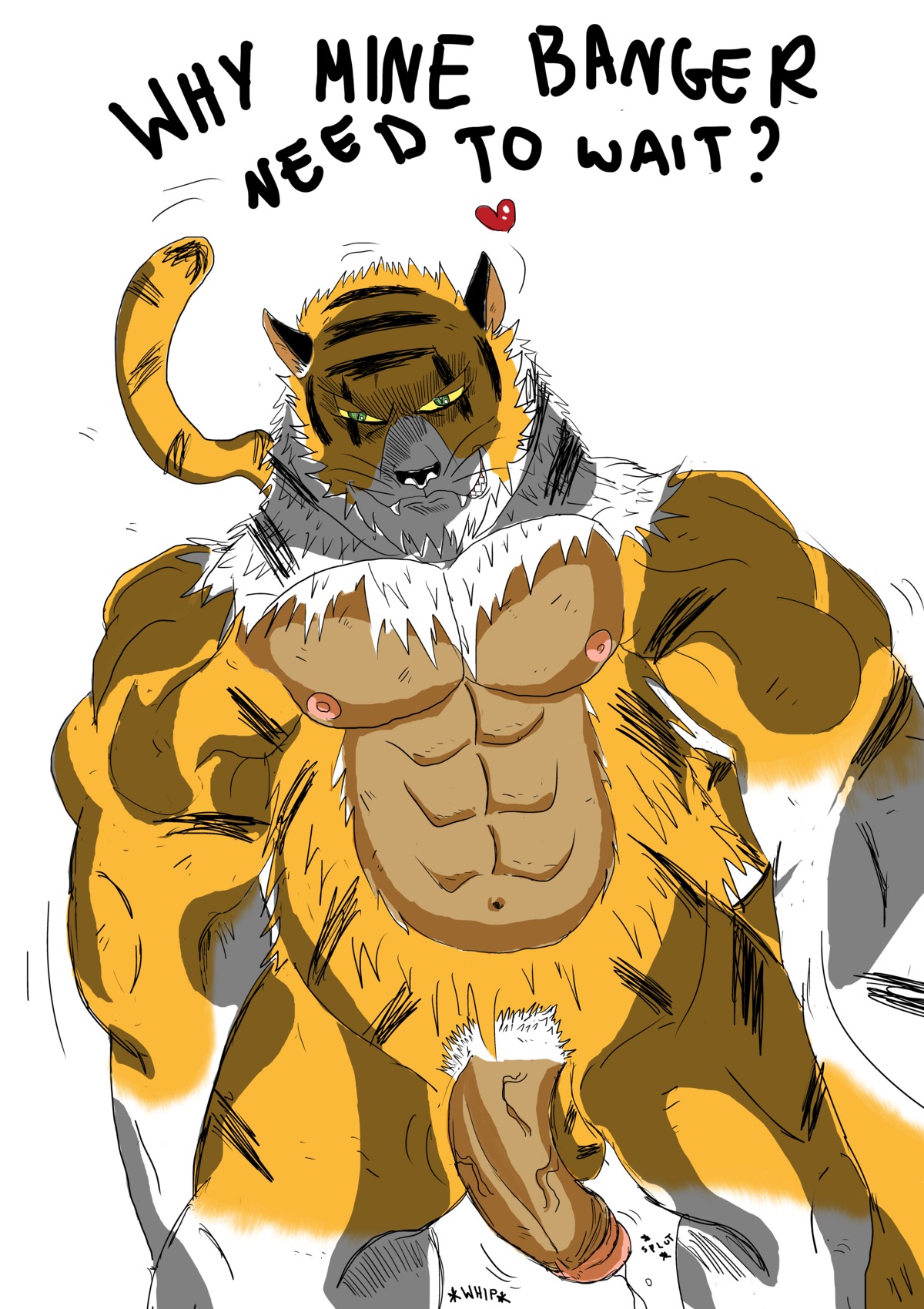 absurd_res banger e621 english_text felid genitals half-erect hi_res humanoid_genitalia humanoid_penis male mammal nude pantherine penis solo text tiger tiger371