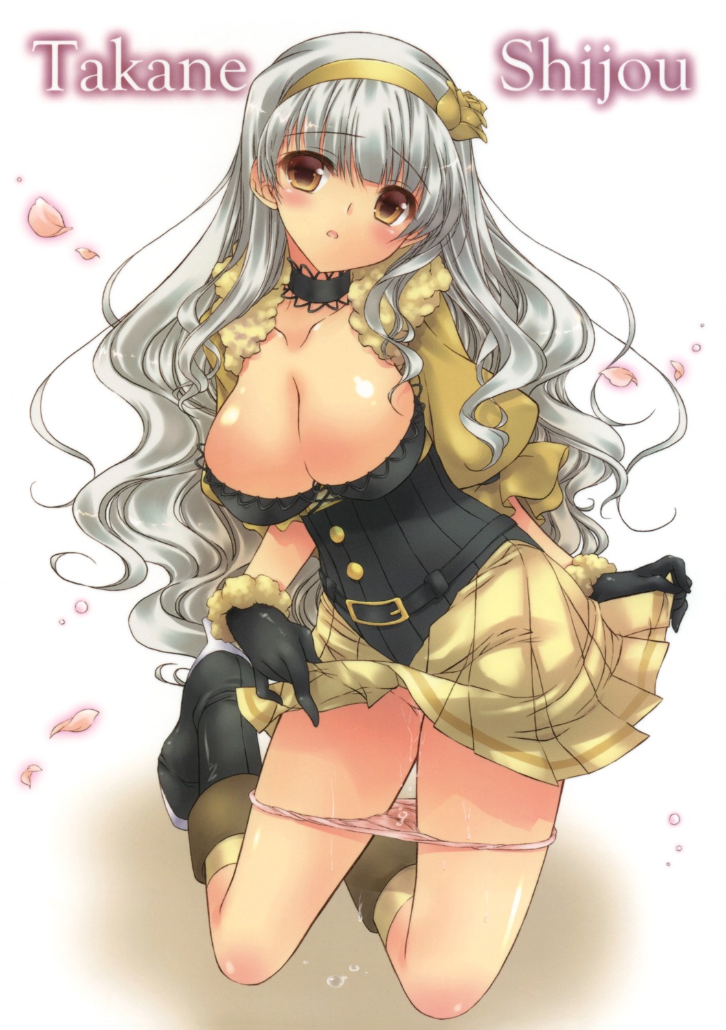 1girls blush boots breasts choker cleavage female gloves hairband highres hotei_kazuha idolmaster kneeling large_breasts long_hair panties panty_pull petals pussy pussy_juice rule34 shijou_takane silver_hair skirt skirt_lift solo underwear