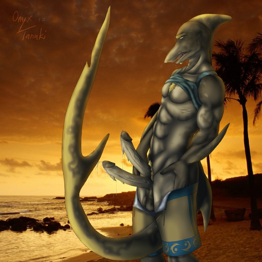 1:1 2011 2_penises anthro aquatic beach blue_eyes bodily_fluids clothed clothing cloud e621 erection fish genital_fluids genitals humanoid_genitalia humanoid_penis male multi_genitalia multi_penis onyxtanuki_(artist) open_mouth outside partially_clothed penis precum seaside shark sharp_teeth shirt sky solo spiked_penis spikes spikes_(anatomy) sunset swimming_trunks swimwear tank_top teeth topwear undressing water