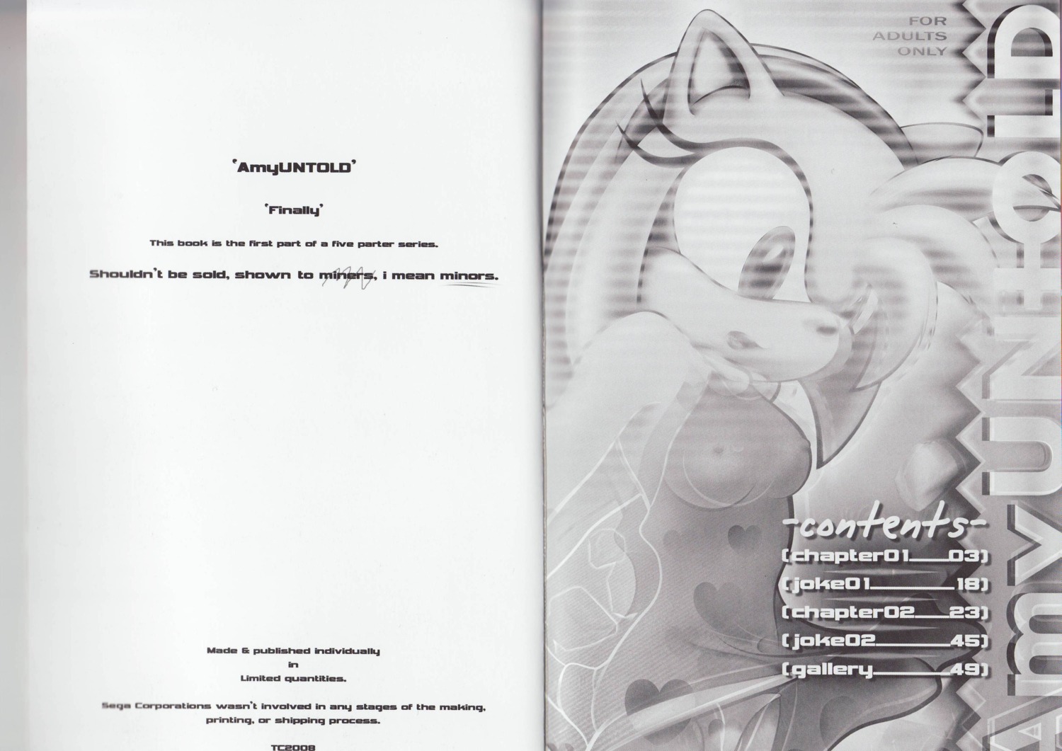 absurd_res amy_rose amy_untold anthro bottomwear breasts clothing comic contents_page e621 english_text eulipotyphlan female greyscale hedgehog hi_res mammal monochrome nipples panties sega skirt solo sonic_the_hedgehog_(series) table_of_contents tc text underwear y2k_(graphic_design)
