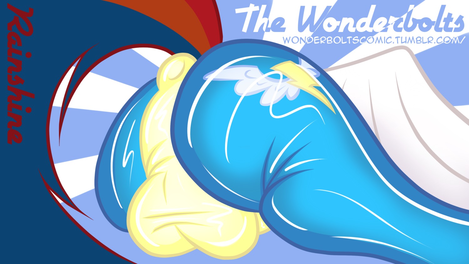 16:9 absurd_res anus balls blue_hair clothing e621 english_text equid equine feathered_wings feathers friendship_is_magic genitals hair hasbro hi_res latex male mammal multicolored_hair my_little_pony mythological_creature mythological_equine mythology pegasus penis rainshine skinsuit solo taharon tail text tight_clothing widescreen wings wonderbolts_(mlp)