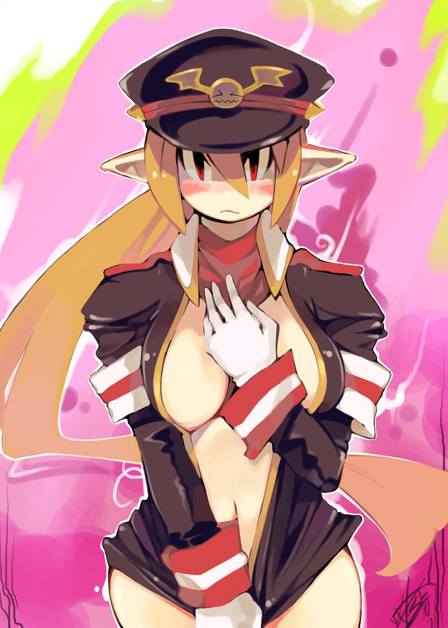 blush bottomless breasts brown_hair cleavage coat disgaea disgaea_3 embarrassed eric_muentes female gloves hat highres navel nippon_ichi_software pointy_ears red_eyes rule34 salvatore white_gloves