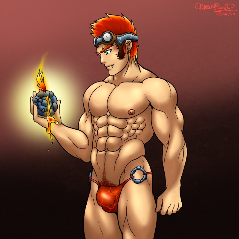 10s 2010 abs bara big_muscles clothed cosplay crimsonblood ear_piercing fire gradient_background green_eyes hair holding_object human human_only lava magcargo magcargo_(cosplay) male male_only muscles muscular muscular_male nintendo nipples pecs piercing pokemon pokemon_(cosplay) pubic_hair red_hair rock rule34 short_hair solo standing topless underwear yaoi