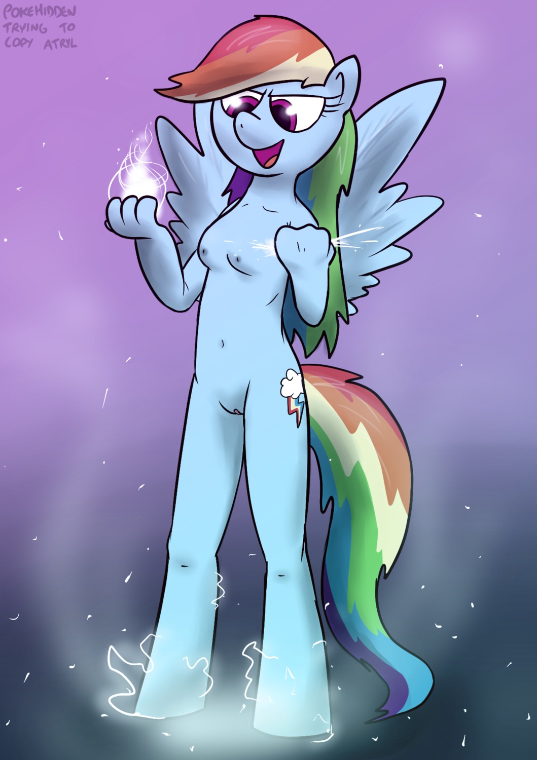 anthro anthrofied blue_body blue_feathers blue_fur breasts cutie_mark e621 equid equine feathered_wings feathers female friendship_is_magic fur genitals hair hasbro hi_res mammal multicolored_hair multicolored_tail my_little_pony mythological_creature mythological_equine mythology onihidden pegasus rainbow_dash_(mlp) rainbow_hair rainbow_tail solo tail vulva wings
