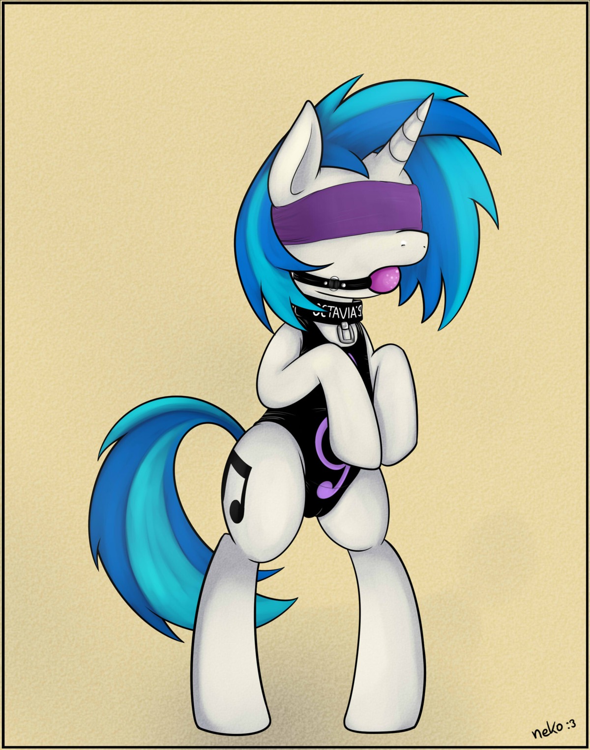 absurd_res ball_gag blindfold blue_hair camel_toe collar cutie_mark e621 equid equine female feral friendship_is_magic gag gagged hair hasbro hi_res horn mammal mcsadat multicolored_hair my_little_pony mythological_creature mythological_equine mythology sensory_deprivation solo tail two_tone_hair unicorn vinyl_scratch_(mlp) white_body