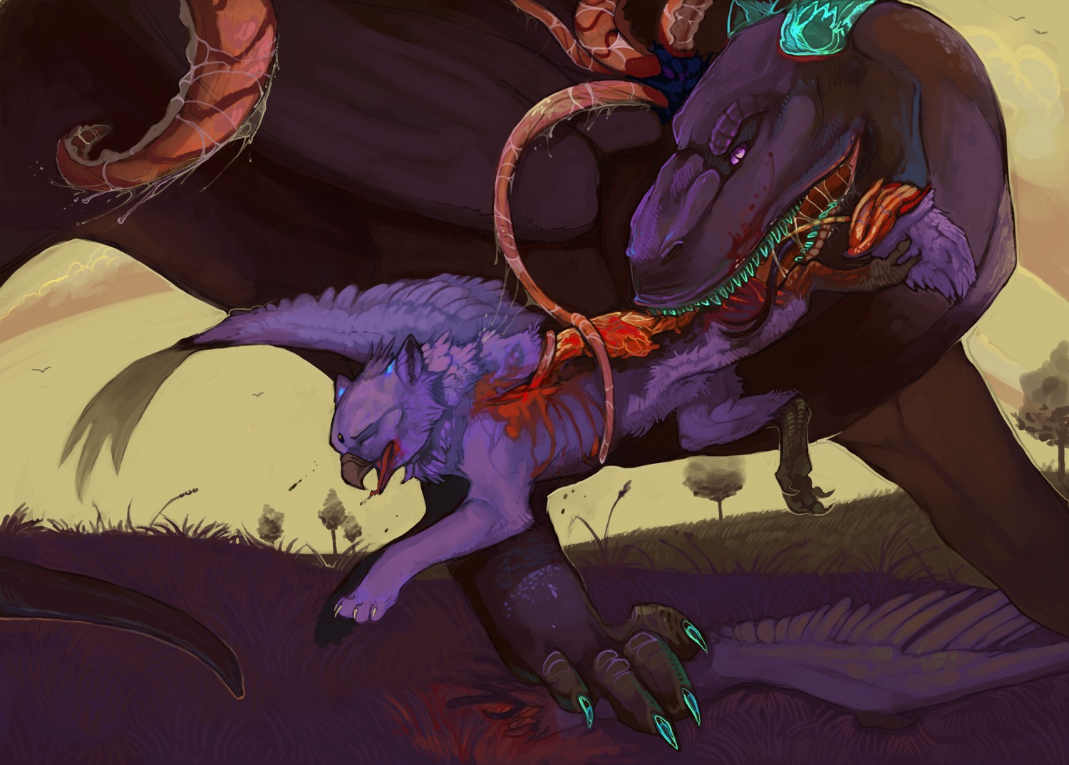 acid avian beak blood bodily_fluids burn deitahhn digital_media_(artwork) dragon duo e621 eyes_closed feathered_wings feathers female female_prey feral gore gryphon hard_vore hybrid kalamu male male_pred mythological_avian mythological_creature mythological_scalie mythology purple_body purple_feathers scalie sixshades tentacles vore wings
