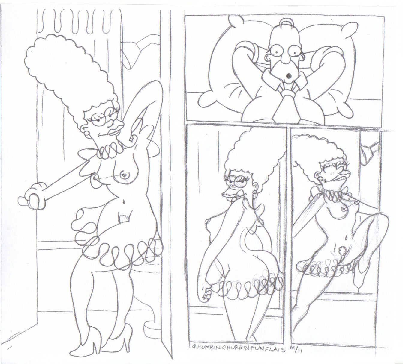 ass breasts clothes comic female homer_simpson human indoors male marge_simpson monochrome nipples rule34 standing tagme the_simpsons