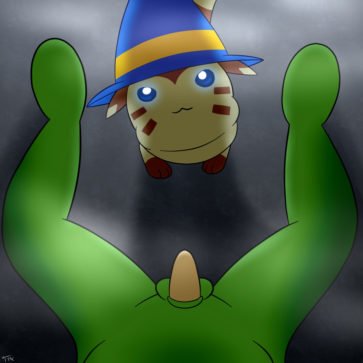 1:1 balls clothing duo e621 first_person_view furret generation_2_pokemon genitals glowing glowing_eyes hat headgear headwear hi_res looking_at_viewer male male_pov mammal mustelid neitsuke nintendo penis pokemon pokemon_(species) smile wizard_hat