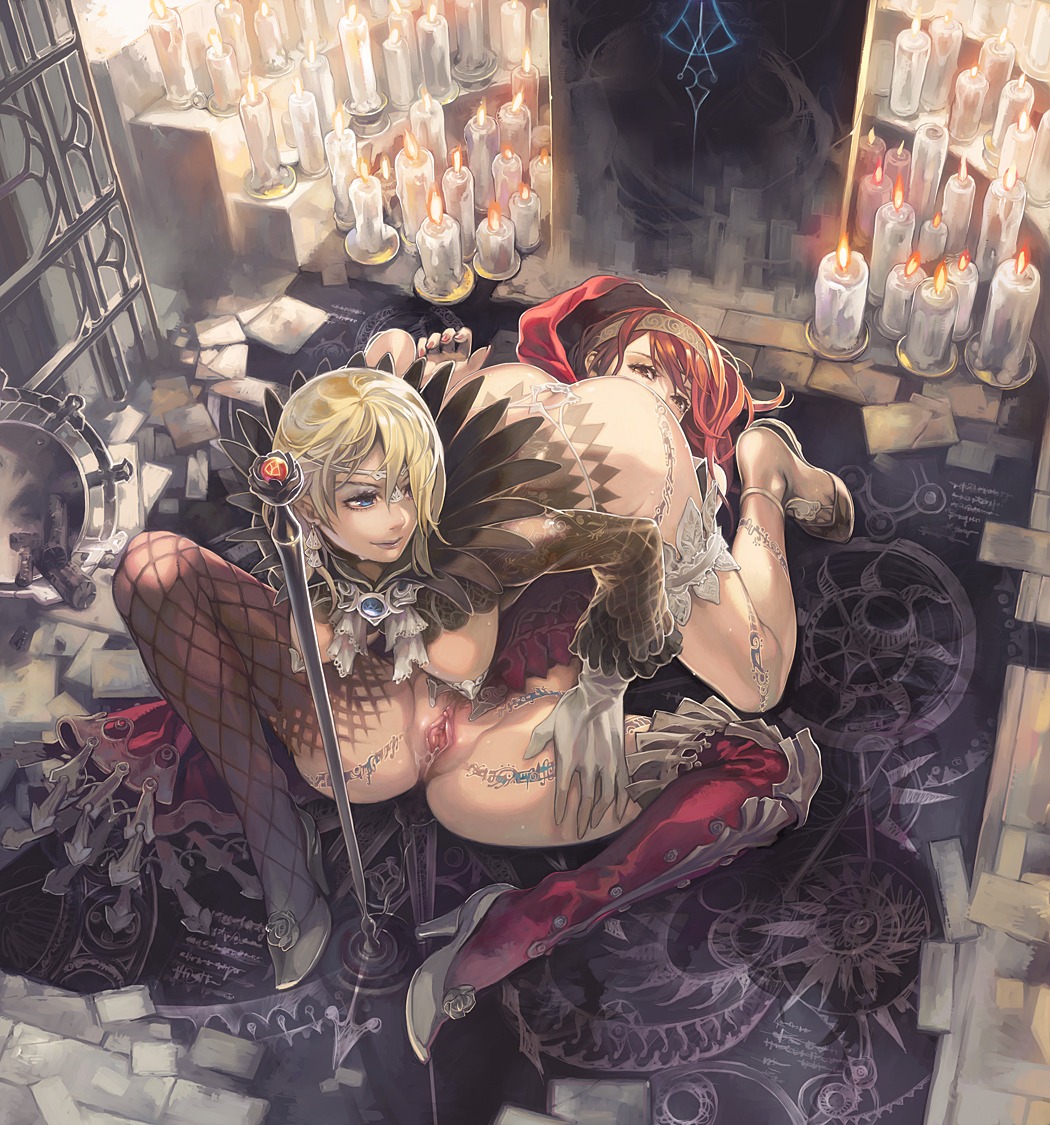 2girls 69 aoin armor blonde_hair blue_eyes breastplate brown_eyes candle erect_nipples facesitting female full_color high_heels human long_hair multiple_females multiple_girls nipples original pussy red_hair rule34 shoes short_hair sitting sitting_on_person smile staff thigh-highs thighhighs uncensored yuri
