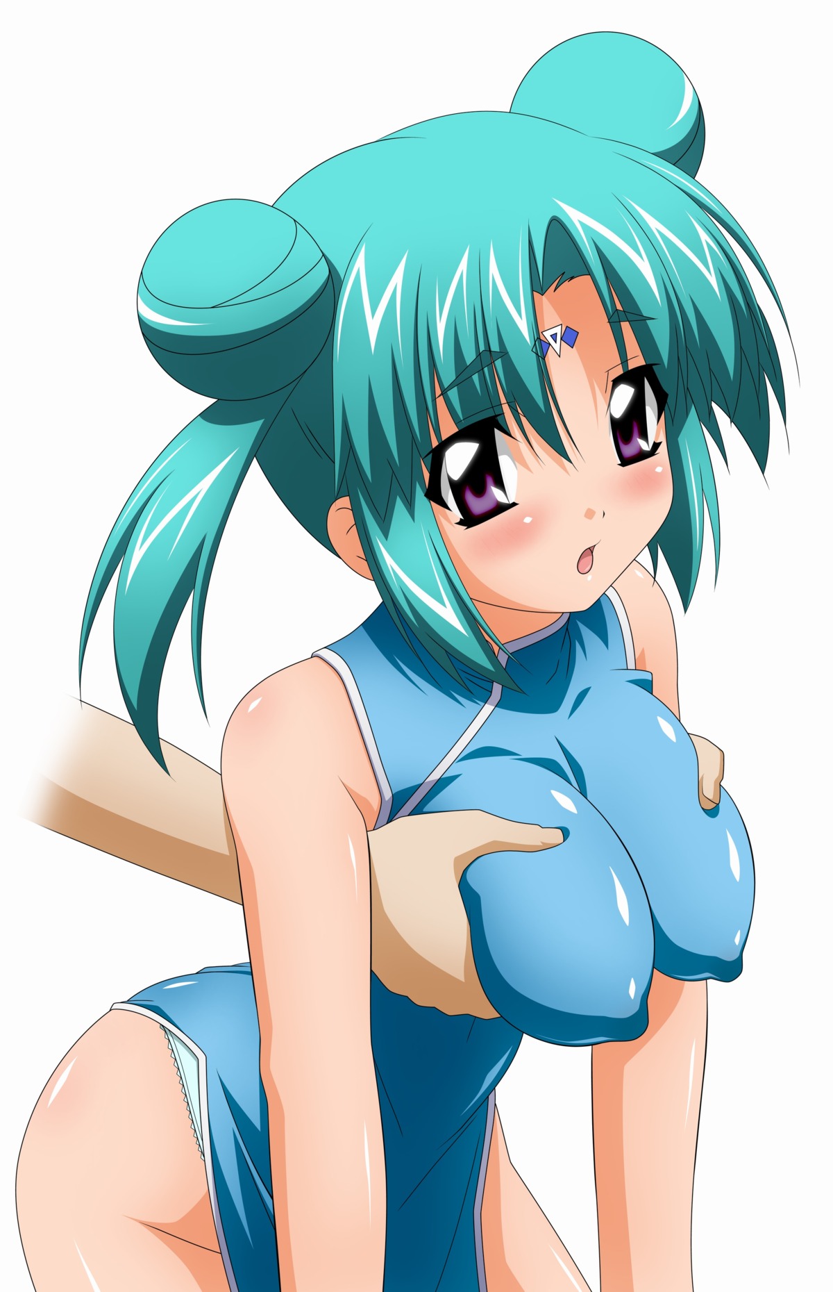 1girls aqua_hair bare_shoulders blush breast_grab breasts canal_vorfeed china_dress chinadress chinese_clothes embarrassed erect_nipples female high_resolution lost_universe nipples purple_eyes rule34 solo sugimura_tomokazu