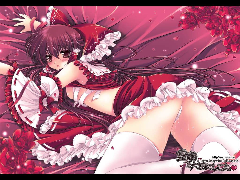 bow brown_hair byruu detached_sleeves female female_only flat_chest human japanese_clothes miko panties pussy pussy_juice red_eyes reimu_hakurei ribbon rule34 sarashi solo thighhighs touhou underwear