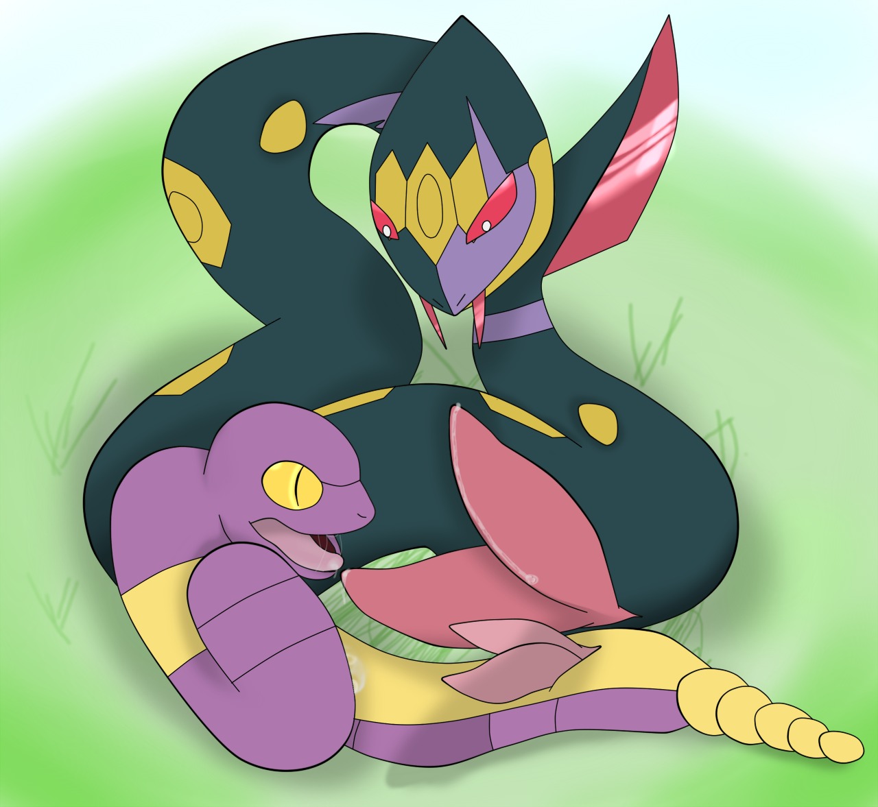 2_penises animal_genitalia animal_penis argon_vile bodily_fluids cloaca cloacal_penis comparing duo e621 ekans erection fangs feral generation_1_pokemon generation_3_pokemon genital_fluids genitals grass green_background hemipenes jc75 larger_male male male/male multi_genitalia multi_penis nintendo open_mouth penis penis_size_difference plant pokemon pokemon_(species) precum rattle_(anatomy) red_eyes reptile saliva scalie serpentine seviper simple_background size_difference smaller_male snake tapering_penis teeth tongue yellow_eyes