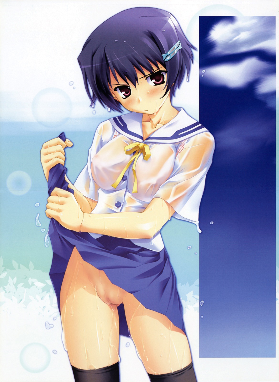 blue_hair female nopan pussy rule34 school_uniform see-through sheer thighhighs uncensored vagina wet_clothes