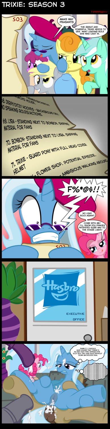 2012 absurd_res anal anal_penetration berry_punch_(mlp) bodily_fluids carrot_top_(mlp) clothing comic cowgirl_position cum cum_in_ass cum_in_vagina cum_inside cutie_mark derpy_hooves_(mlp) dialogue e621 earth_pony english_text equid equine erection eyewear female feral friendship_is_magic from_front_position genital_fluids genitals green_eyes group hair hasbro hat headgear headwear hi_res horn horse lyra_heartstrings_(mlp) male male/female mammal multicolored_hair my_little_pony mythological_creature mythological_equine mythology on_bottom on_top penetration penis pinkie_pie_(mlp) pony purple_eyes reverse_cowgirl_position sex straddling tail text tiarawhy tongue trixie_(mlp) two_tone_hair unicorn vulva